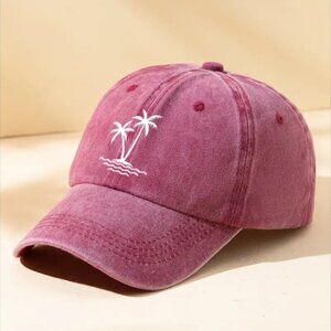 Rose Pink Baseball Cap Hat Embroidered White Palm Trees NEW